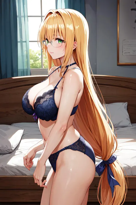 masterpiece, best quality, highres, aatearju, very long hair, low-tied long hair, hair ribbon, green eyes, glasses, large breasts,  <lora:tearju_lunatique_v1:0.7>, lingerie, room, indoors, standing, from side, bed, cowboy shot,