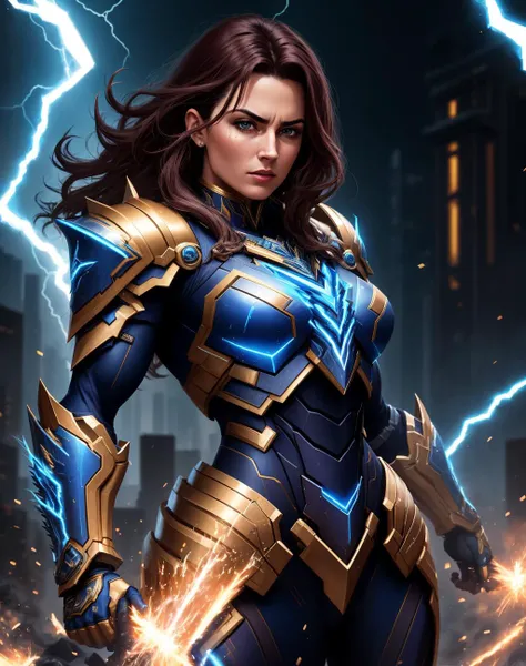 4K, Masterpiece, highres, absurdres, 
edgThunderstruck, a woman flexing, with a blue and gold armor ,wearing edgThunderstruck_armor, electrified, weilding thunder
 <lora:edgThunderstruck:0.35>