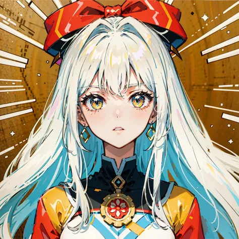 best quality,highly detailed,masterpiece,ultra-detailed,illustration,hime cut,towards viewer, facing viewer,1girl,cute,19 years old,(bright color:1.3), Round Neck Top,white hair,very long hair,puffy hair,Amber eyes,day light,wide-eyed,serious,1990s (style)...