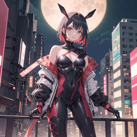 <lora:terasu_mc:0.8>, terasu mc, masterpiece, best quality, 1girl, solo, breasts, jacket, multicolored hair, looking at viewer, bodysuit, red eyeliner, moon, hip vent, bangs, bare shoulders, short hair, off-shoulder jacket, cyberpunk, science fiction, buil...