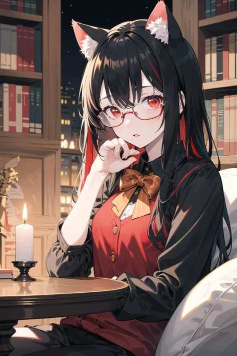 (cat girl), library, (warm tone:1.5), red eyes, black hair, red streaks in hair, focused expression, high quality, wallpaper, trending on artstation, 1girl, relaxing, night, wearing black glasses, candle lit, dark academia