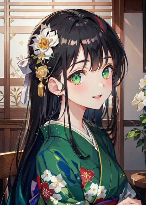 (masterpiece, best quality, extremely detailed CG, beautiful detailed eyes, ultra-detailed, intricate details:1.2), 8k wallpaper, elaborate features, (1girl), chiya, sexy, black hair, long hair, tall, slim, solid green eyes, flower on hair, sfw, smile, gre...