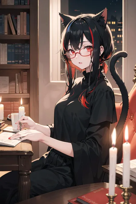 (cat girl), library, (warm tone:1.5), red eyes, black hair, red streaks in hair, focused expression, high quality, wallpaper, trending on artstation, 1girl, relaxing, night, wearing black glasses, candle lit, dark academia