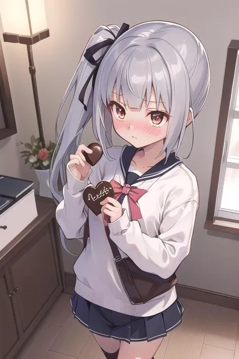 masterpiece,best quality,ultra detail, 1girl,petite,indoor,admirals office<lora:kasumi:0.7>kasumikainiKC,side ponytail, long hair, hair ribbon,winter outfit,presenting chocolate,heart,shy,blush,looking away,from above,large chocolate