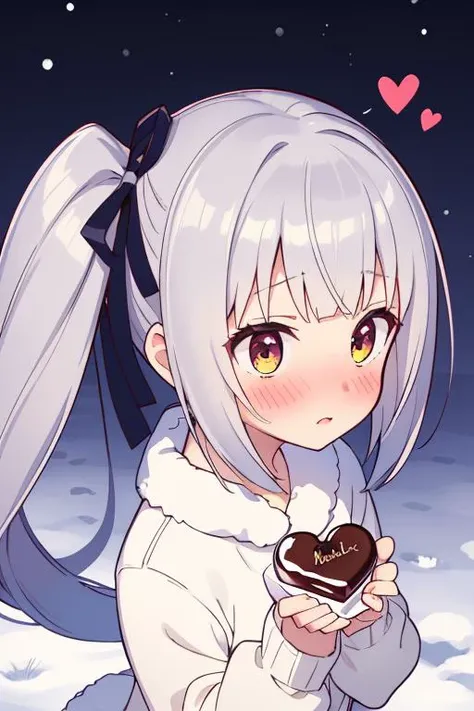 masterpiece,best quality,ultra detail, 1girl,night,evening, <lora:kasumi:0.7>kasumikainiKC,side ponytail, long hair, hair ribbon,winter outfit,presenting chocolate,heart,shy,blush,looking away,from above,large chocolate