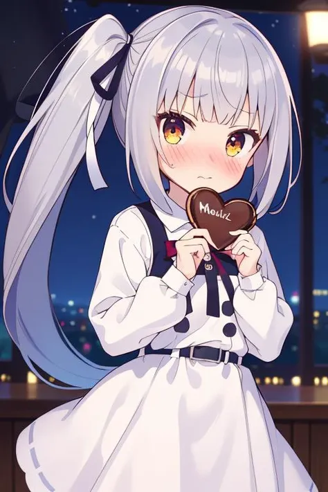 masterpiece,best quality,ultra detail, 1girl,night,evening, <lora:kasumi:0.7>kasumikainiKC,side ponytail, long hair, ribbon, hair ribbon, white shirt, belt, pinafore dress, long sleeves,giving chocolate,heart,shy,blush,looking far