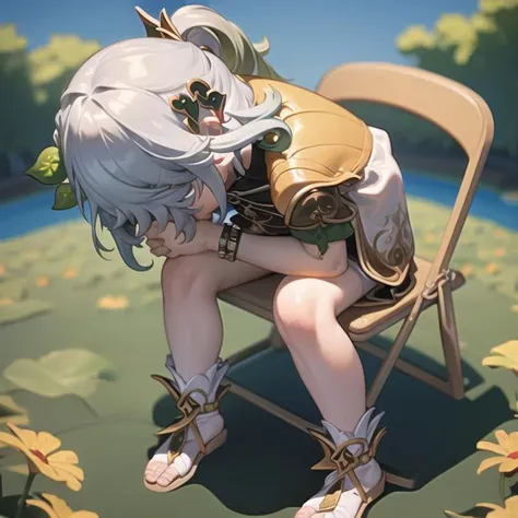 anime girl sitting on a chair with a backpack on her lap