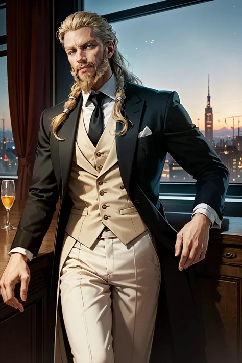 ((masterpiece, best quality))
 <lora:AssaMaleEivor:0.8>
AssaMaleEivor, 1boy, solo, long hair, beard, blonde hair, blue eyes, Within a luxurious penthouse, black-tie eveningwear, panoramic skyline views, leaning against floor-to-ceiling windows with a debon...