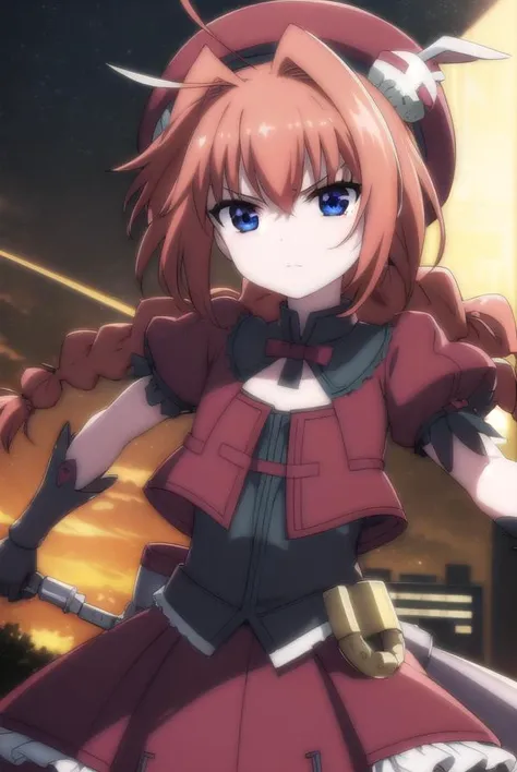 magicalgirlvita, <lora:vita movie2-lora-nochekaiser:1>,
vita, blue eyes, braid, ahoge, red hair, twin braids, rabbit hair ornament,
BREAK gloves, hat, dress, weapon, open clothes, open jacket, magical girl, red dress, cropped jacket, hammer,
BREAK outdoors...