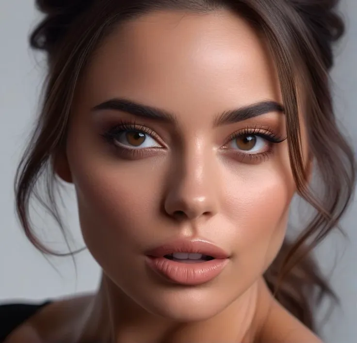 a close up of a woman with a messy bun in her hair