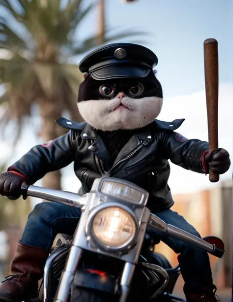 Photo-realistic high resolution photography of dramatic cinematic lighting, rim lighting, hateful expression on black furred heimao riding a Harley motorcycle, peaked cap, wearing a black leather jacket and jeans, holding up a (large steel baseball bat:1.3...