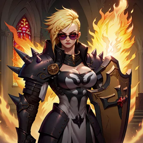 score_9,score_8_up,score_7_up,masterpiece,volumetric lighting BREAK 1girl,crsadr,muscular female,very long blonde hair,side cut,braid,uppercut,sunglasses,full armor,shoulder spikes,spiked gauntlets,flaming fist,shield,huge arms,biceps,cleavage,gothic churc...