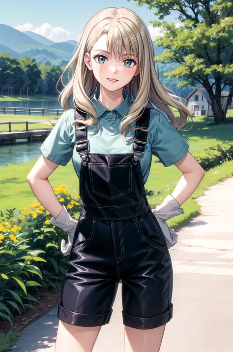 (masterpiece, best quality, detailed), 1girl, solo, mireibou, lipstick,
overalls, short sleeves, white gloves, green shirt, outdoors, house, rural, village, scenery, path, river, bridge, hands on hips, smile, parted lips