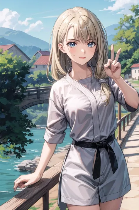 anime girl with blonde hair and blue eyes posing on a bridge