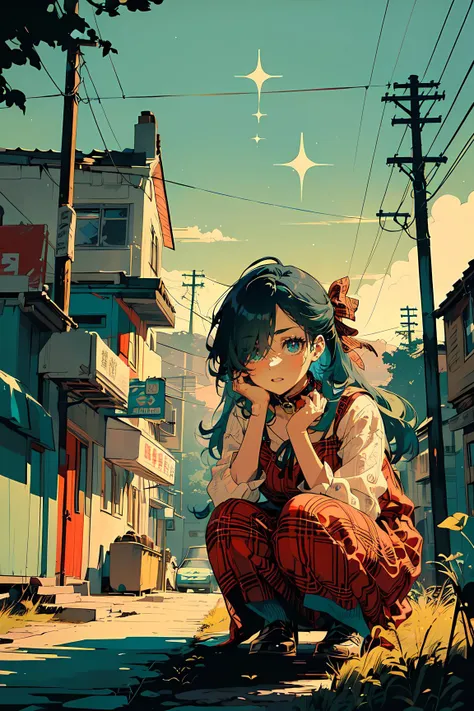 anime girl kneeling down in the street with her hand on her chin