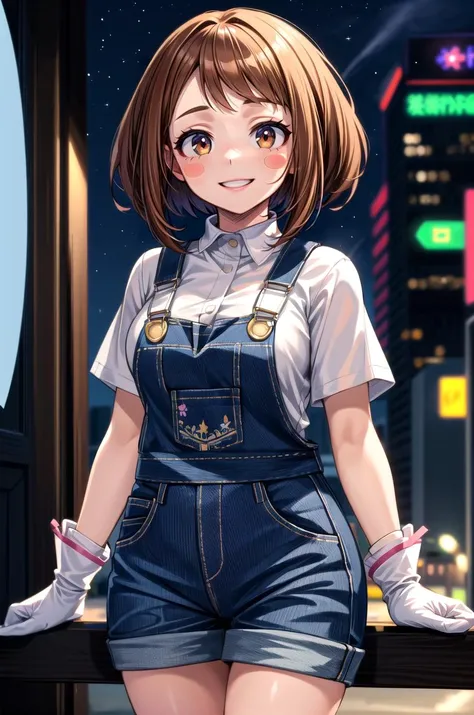 (masterpiece, best quality, detailed), 1girl, solo, hmochako, blush stickers, short hair, medium breasts, smile, outdoors, city, night, city lights, neon lights, cowboy shot,
overalls, white shirt, short sleeves, white gloves