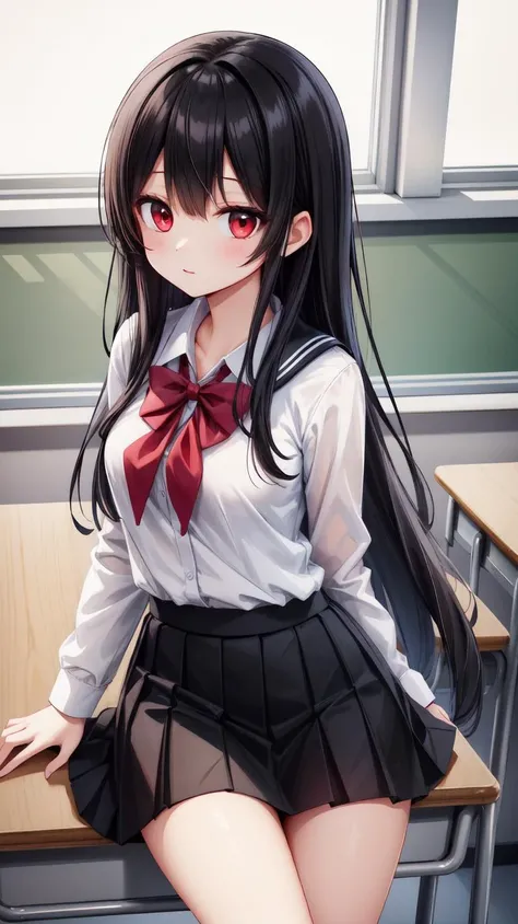 ,(masterpiece),(highres),(high quality),(beautiful illustration),
,(cute girl:1.2),(solo),(skinny),(petite girl),
,(black hair:1.2),(red eyes:1.2),(long hair:1.2),
,(school uniform),(white shirt),(black skirt),
,(indoors),(classroom),
,(looking at viewer)...