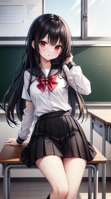 ,(masterpiece),(highres),(high quality),(beautiful illustration),
,(cute girl:1.2),(solo),(skinny),(petite girl),
,(black hair:1.2),(red eyes:1.2),(long hair:1.2),
,(school uniform),(white shirt),(black skirt),
,(indoors),(classroom), 
,(looking at viewer)...