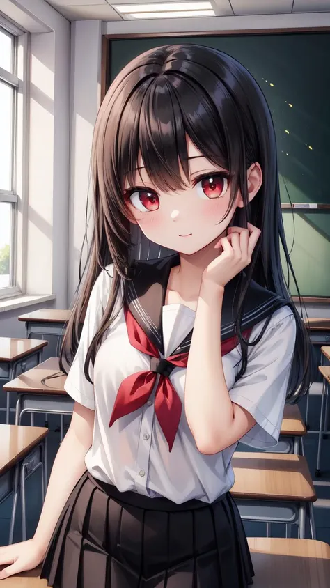 ,(masterpiece),(highres),(high quality),(beautiful illustration),
,(cute girl:1.2),(solo),(skinny),(petite girl),
,(black hair:1.2),(red eyes:1.2),(long hair:1.2),
,(school uniform),(white shirt),(black skirt),
,(indoors),(classroom),
,(looking at viewer)...