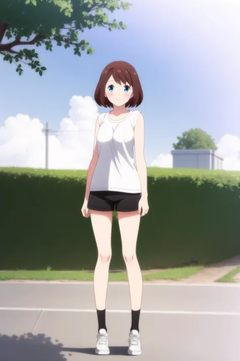 masterpiece, best quality, outdoors, sky, day, cloud, tree, blue sky, 1girl, solo, full body, standing, <Saki_Kanda_NSL-V1:0.7>, 1girl, solo short hair, bangs, brown hair,  shirt, dress, white shirt, sleeveless, t-shirt, shorts, black shorts, white footwea...