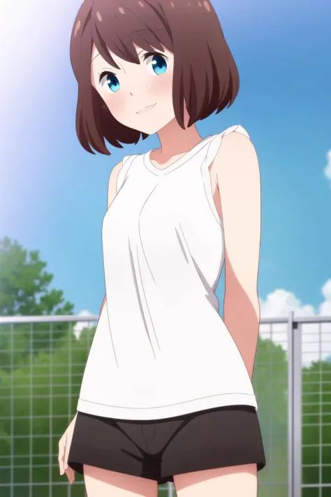 masterpiece, best quality, outdoors, sky, day, cloud, blue sky,school, 1girl, solo, upper body, standing, <lora:Saki_Kanda_NSL-V1:0.7>, 1girl, solo short hair, bangs, brown hair,  shirt, dress, white shirt, sleeveless, t-shirt, shorts, black shorts, light ...