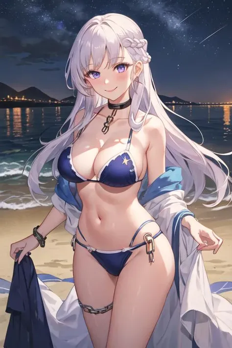 best quality, masterpiece, highres, solo, {night:1.10}, {starry sky:1.10}, beach, beautiful detailed sky, {extremely detailed background:1.20}, {belfast_azurlane:1.15}, {standing:1.10}, looking at viewer, {bikini:1.30}, long_hair, white_hair, bangs, breast...