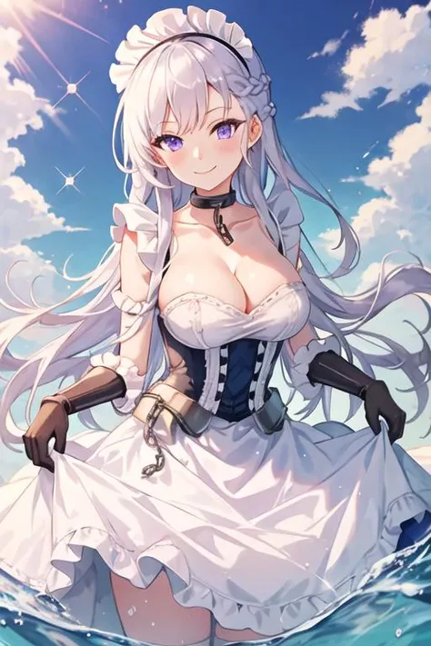 best quality, masterpiece, highres, solo, {belfast_azurlane:1.15}, long_hair, white_hair, bangs, breasts, large_breasts, braid, smile, cleavage, blush, french_braid, blue_eyes, purple_eyes, collarbone, chain, 1girl, blue_sky, closed_mouth, cloud, collar, c...