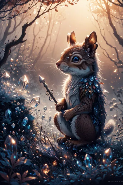 illustration of a little magical cute forest creature. The creature IS holding a spear. fantasy art, intricate details, style Jean - Baptiste Monge, style Alan Lee, anthropomorphic squirrel , scene from a movie, dramatic shot angle, atmospheric particles, ...