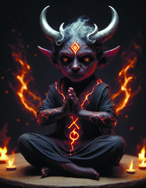 a man in a devil costume sitting on a table with flames