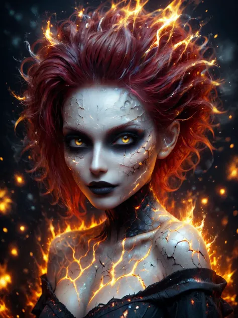 cinematic photo of a woman, off-the-shoulder blouse, mohawk red hair, glowing yellow eyes, black lips, lopsided smile, magmacore, inner fire, rays coming through cracked skin, sci-fi, film, bokeh, whimsical, 4k, highly detailed,
 DonMD3m0nXL <lora:DonMD3m0...