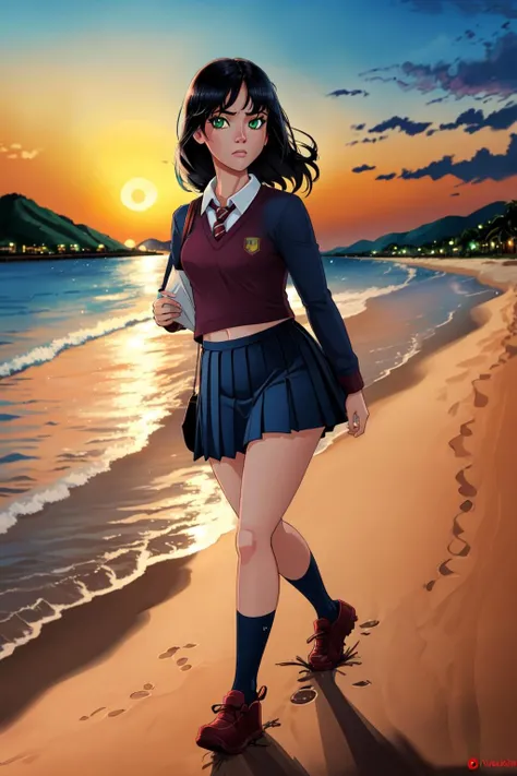 black hair, green eyes, volumetric lighting, light particles, beach background, evening, paper lantern, dark, sunset, pleated skirt, school uniform, full body, walking, looking at viewer, <lyco:Shadman:1.0>