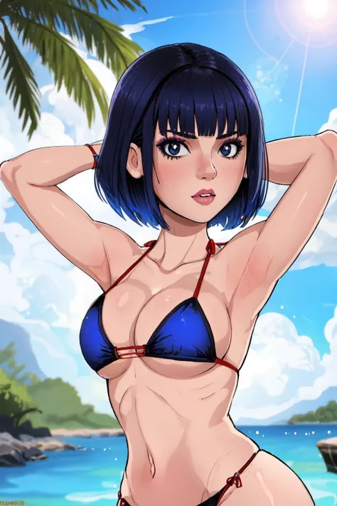 1girl, blue hair, blunt bangs, short hair, makeup, large breasts, arms behind head, bikini,  <lyco:ShadmanStylev2:1>,