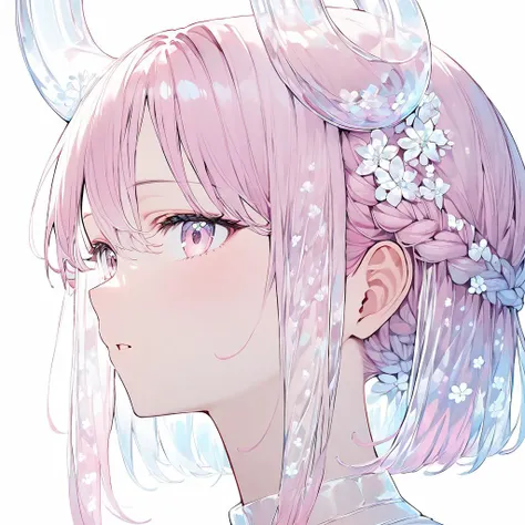 anime girl with pink hair and horns with flowers in her hair