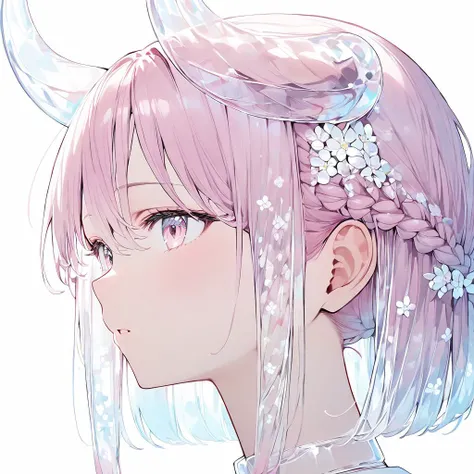 anime girl with pink hair and horns with flowers in her hair