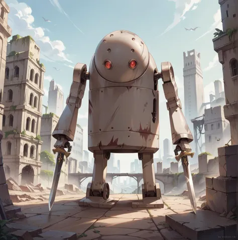 a close up of a robot standing in a ruined city