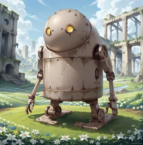 a close up of a robot standing in a field of flowers