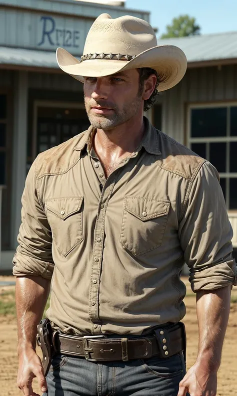 rickgrimes2024, 1 man, buzz cut, best quality, photorealistic, short hair, clean shave, sheriff, cowboy hat, kentucky