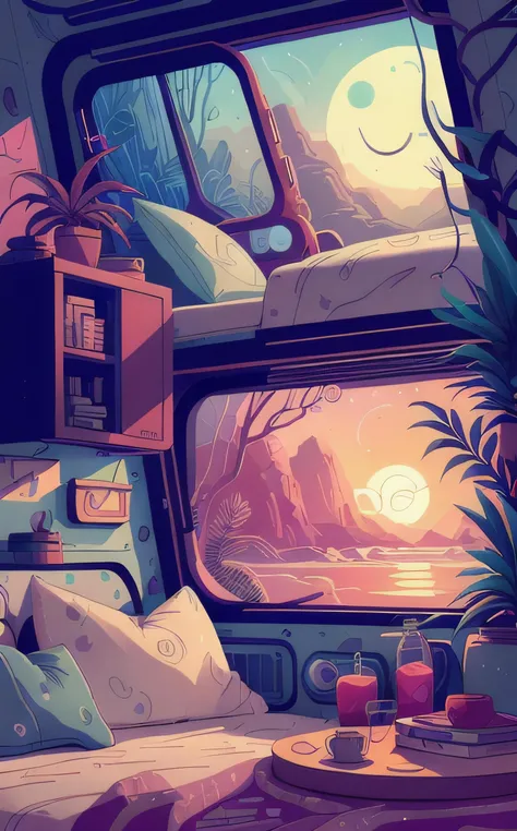 Alien-themed inside a cozy campervan, comfy bed and warm blanket, plants, flowers, decoration, view from the back on quiet beach, sunrise, peaceful, vibrant colors, lineart, <lora:flat illustration:1> flat  . Extraterrestrial, cosmic, otherworldly, mysteri...