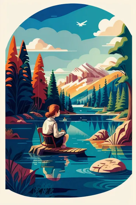 1 girl sitting near the shore, trees flat color lake detailed patterned background, (art by Jane Newland) <lora:add_detail:1> <lora:epiNoiseoffset_v2:1> <lora:flat illustration:1>