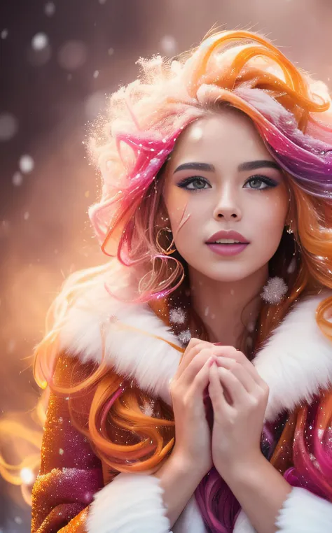 cinematic film still masterpiece, best quality, 1girl, smile, golden and orange swirling vortexes colourful cloudy and smoke and colorful background, (snowing) (( swirling vortexes colourful hair)), wear white fur coat, ((long Hair)), ((right side)), emoti...