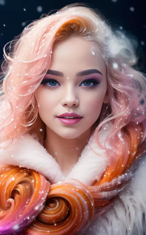 cinematic film still masterpiece, best quality, 1girl, smile, golden and orange swirling vortexes colourful cloudy and smoke and colorful background, (snowing) (( swirling vortexes colourful hair)), wear white fur coat, ((long Hair)), ((right side)), emoti...