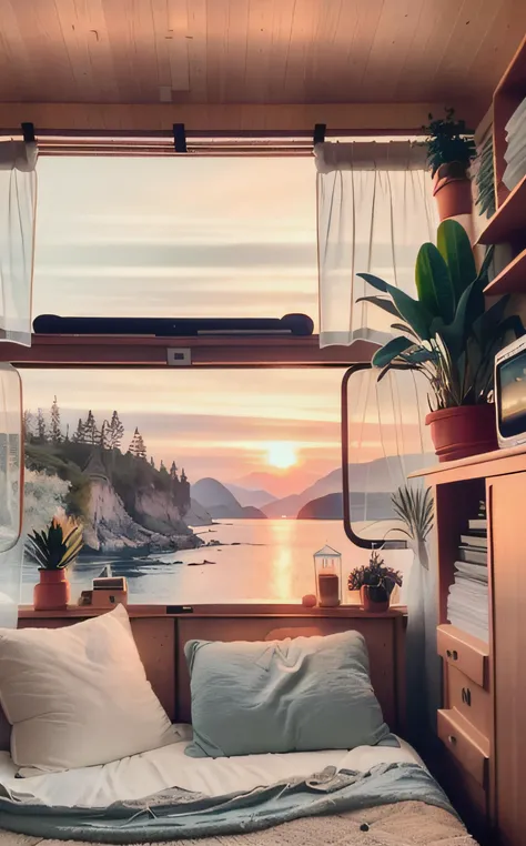 analog film photo inside a cozy campervan, comfy bed and warm blanket, plants, flowers, decoration, view from the back on quiet beach, sunrise, peaceful, vibrant colors, lineart, <lora:flat illustration:1> flat  . faded film, desaturated, 35mm photo, grain...