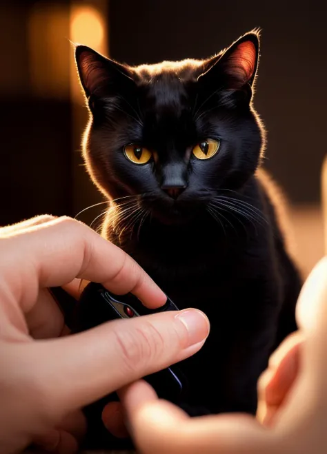 (Realistic),masterpiece,best quality,cinematic lighting,natural shadow,highest detail,professional photography,detailed background,depth of field,insane details,intricate,aesthetic,subsurface scattering,dynamic angle, A black cat is playing games on his mo...