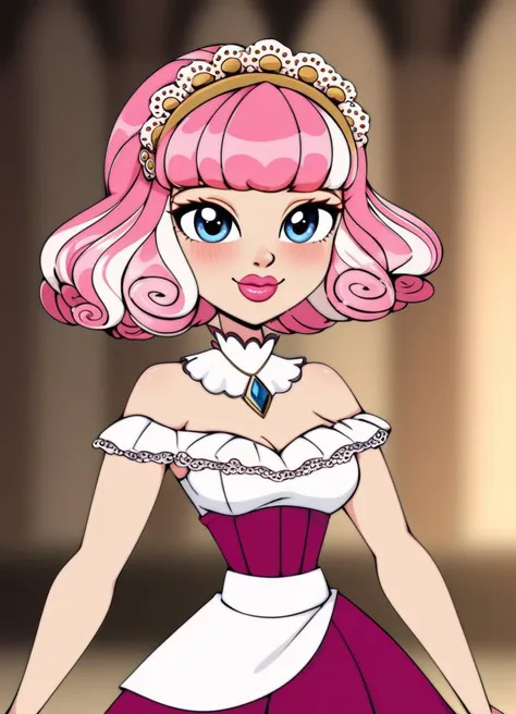 a cartoon girl with pink hair and a tiable dress