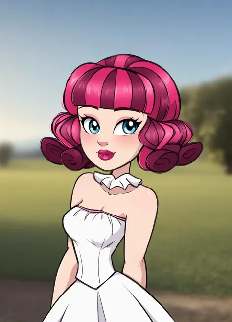 a cartoon girl in a white dress with pink hair and a bow