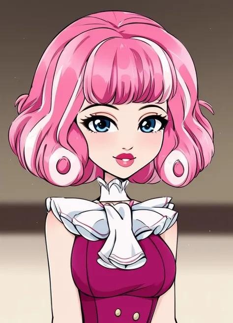 a cartoon girl with pink hair and a white blouse