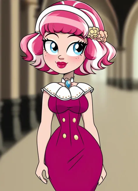 a cartoon girl in a pink dress and a white collared top