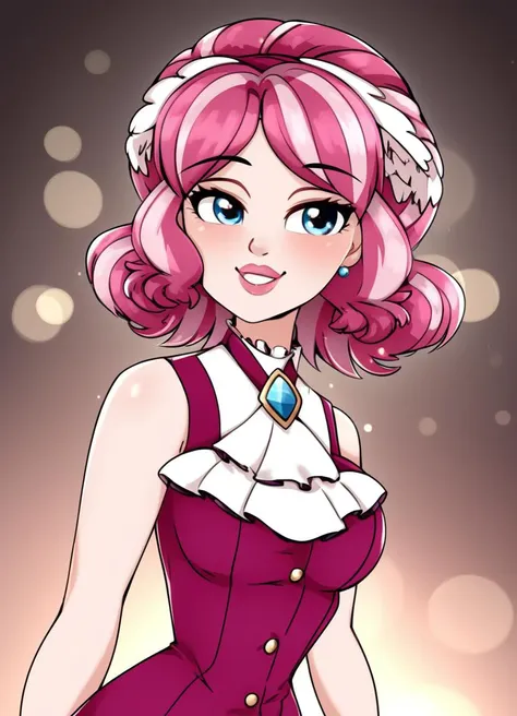 a cartoon girl with pink hair and a white collared shirt