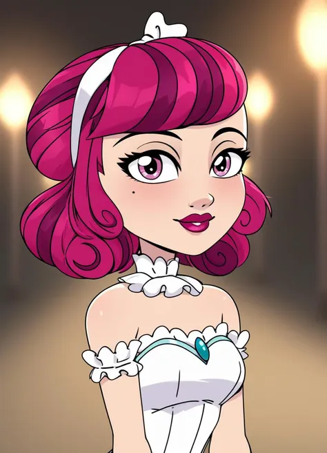 a cartoon girl with pink hair and a white dress