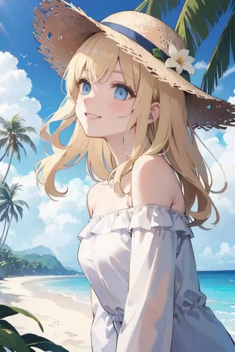 a woman in a hat standing on a beach next to a palm tree